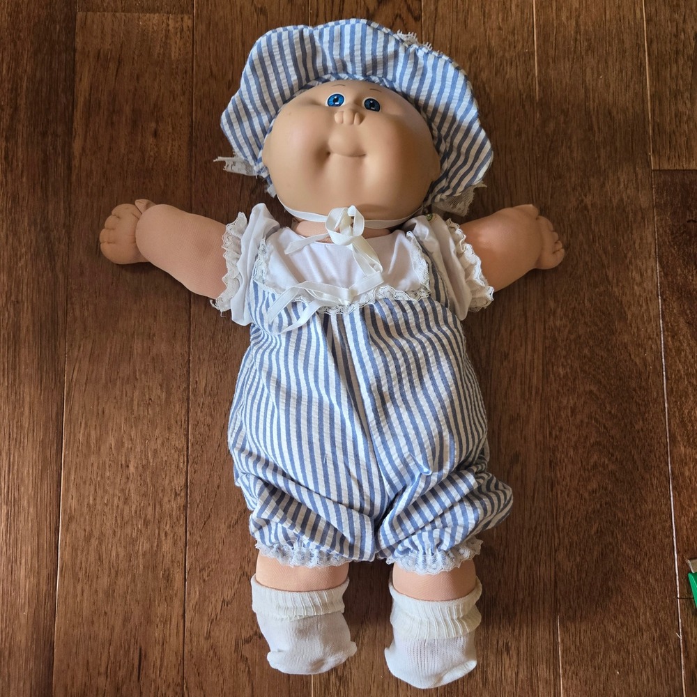 Vintage Cabbage Patch Kids Coleco Doll Blue White Striped Romper Bonnet 1982 16"